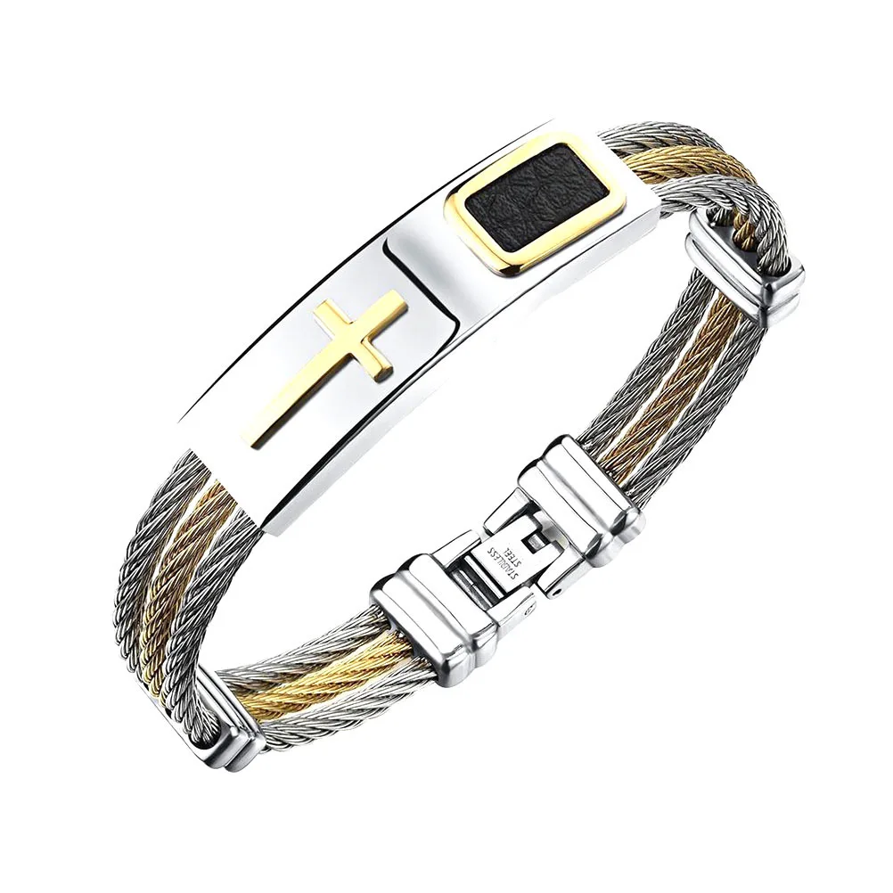 

Men's Cross Three Rows Wire Weave Titanium Steel Bracelet Sturdy Metal Jewelry for Graduation Birthday Party Fashion Bracelet