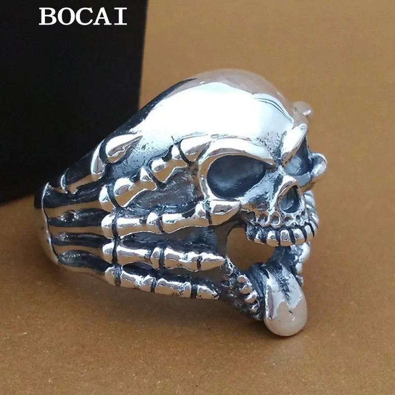 

BOCAI NEW S925 Sterling Silver Retro Personalized Claw Funny Skull Head Ring Men's Gift Free Shipping