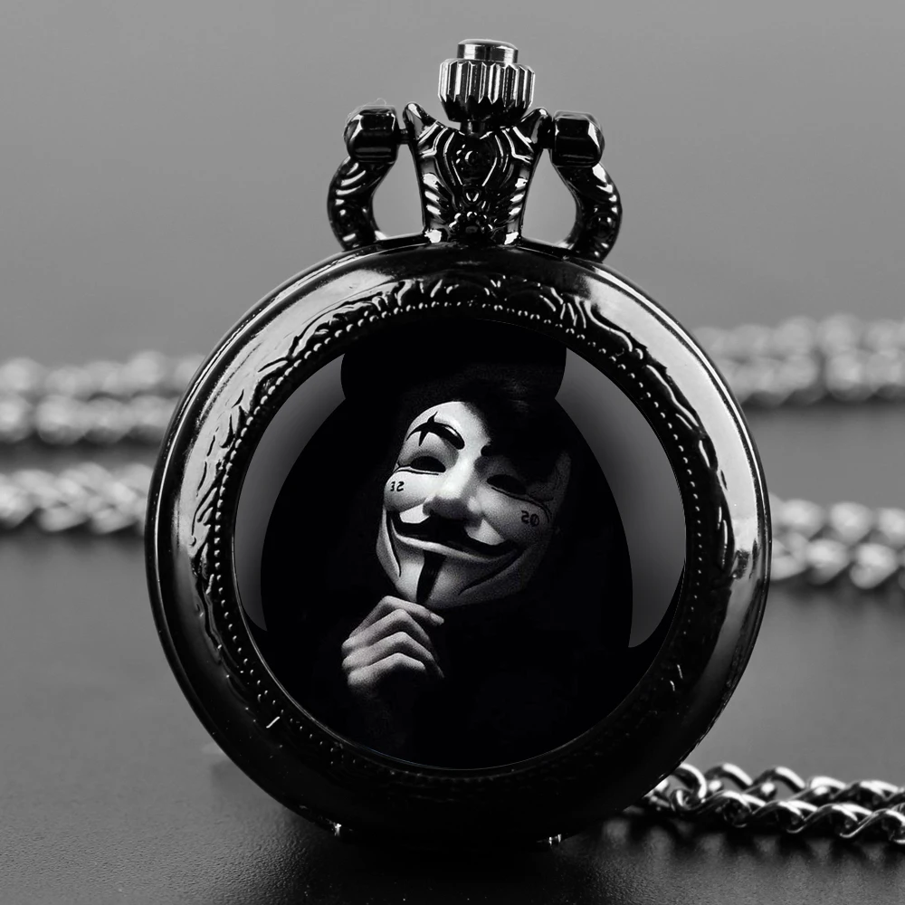 Masked Man Glass Dome Black Quartz Pocket Watch with Arabic Numerals Dial and Durable Chain Gift for Men Women