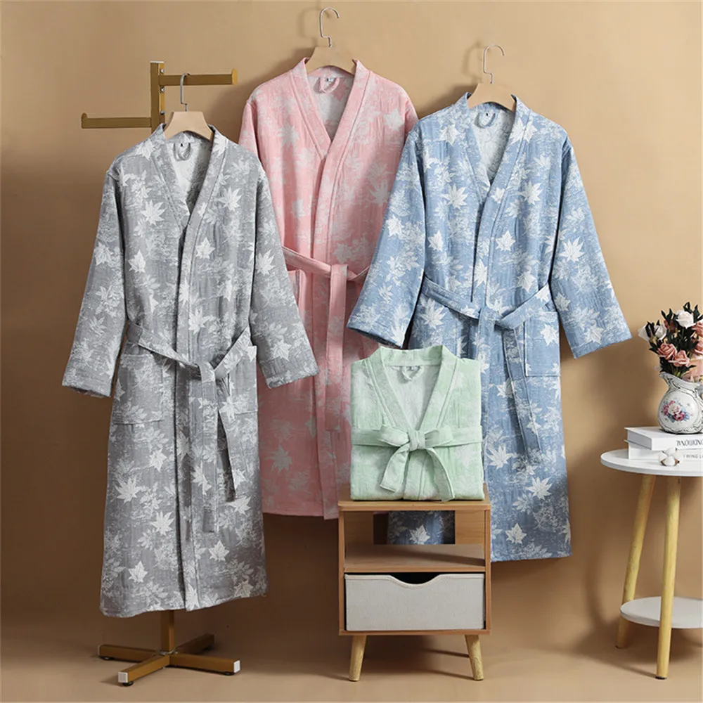 Women Men Pajamas Couples Bathrobe Four Layers Gauze Cotton Men's Bathrobe Loungewear Sleepwear
