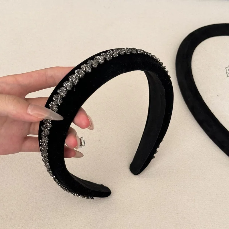 French black velvet wheat ear flash diamond high cranial top headband high sense foreign style sponge wide edge new headband