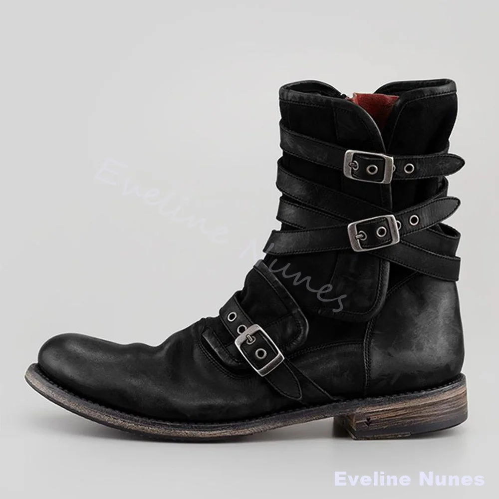 Retro Worn‑Out Distressed Biker Ankle Boots Mens Multi Metal Buckle Straps Low Heel Western Boots Motorcycle Punk Short Boots