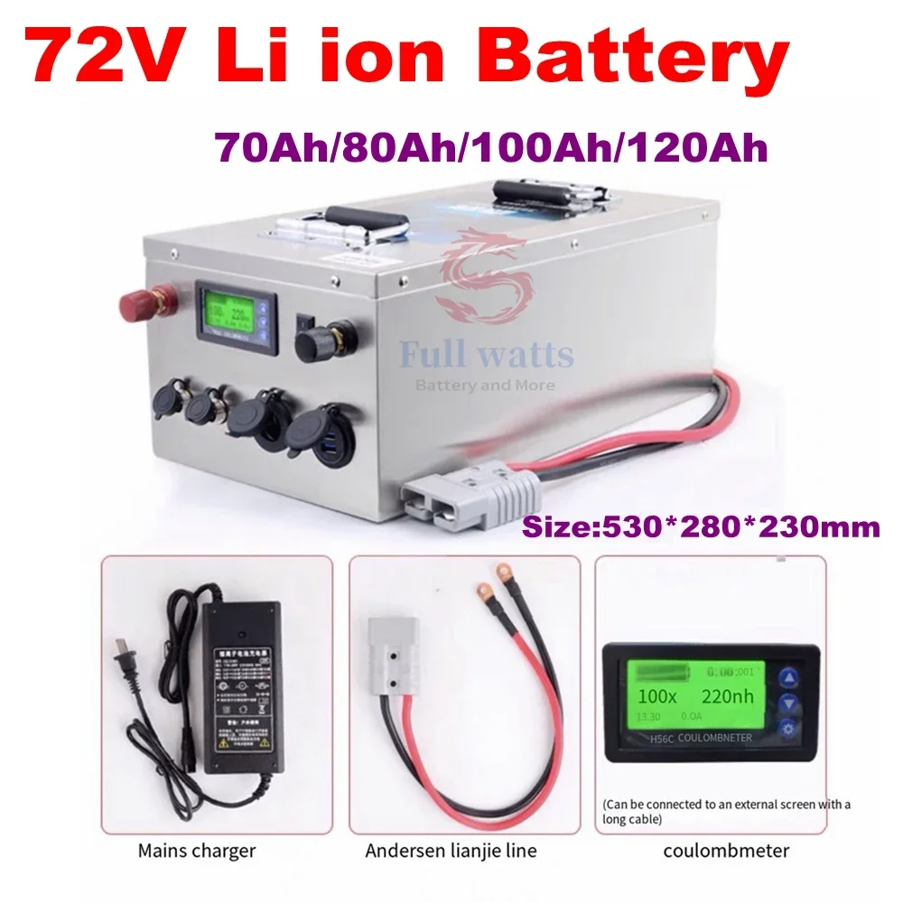 

Customized 72V 70Ah 80Ah 100Ah 120Ah lithium ion li-ion 3.7V battery pack BMS 20S for electric motorbike EV RV+Charger