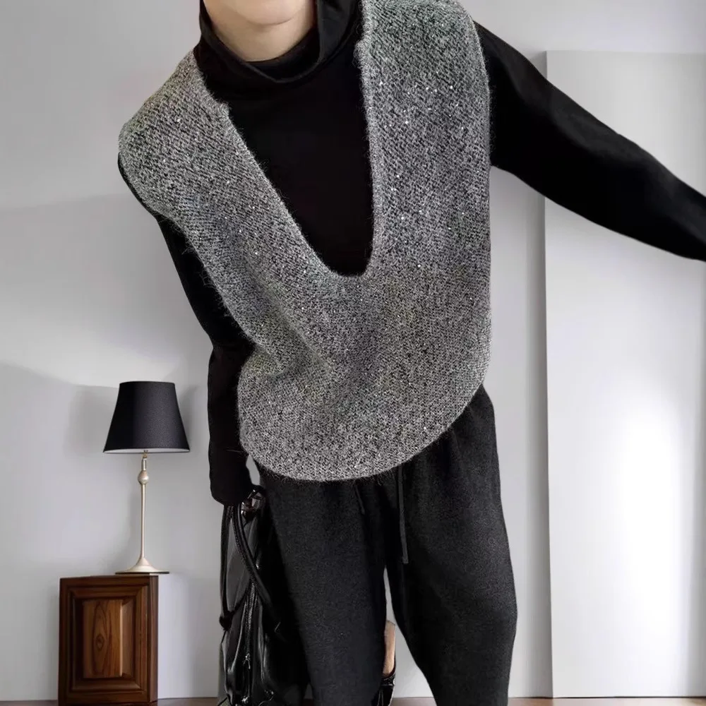 Dames bovenkleding jas retro stijl polyestervezel lang mode-element V-hals gebreid truivest met pailletten