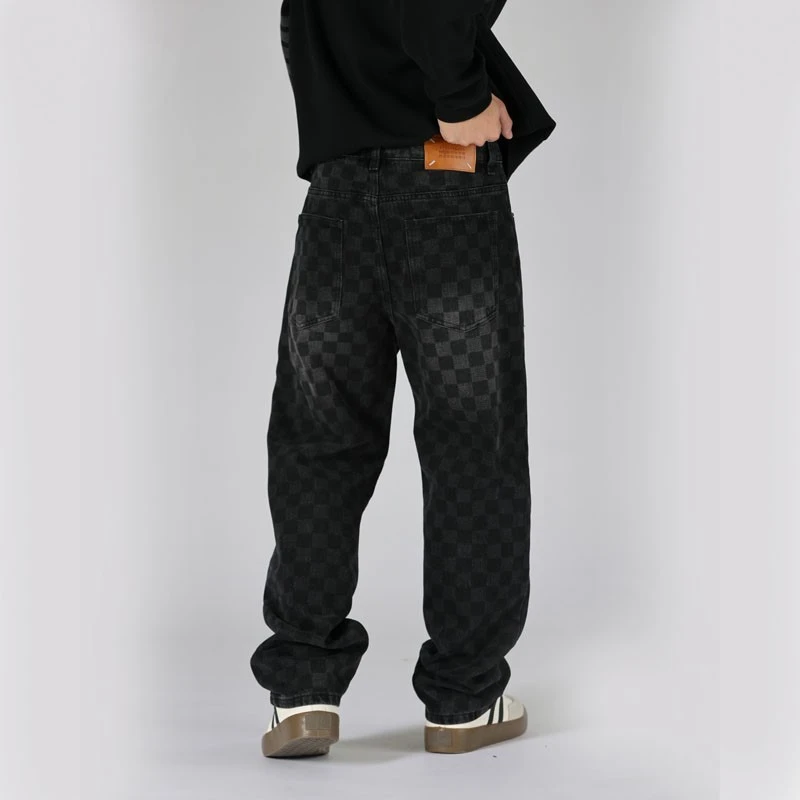 Men Check Print Denim Jeans Plaid Pattern Non Stretch Cotton Pants Black Loose Straight Trousers