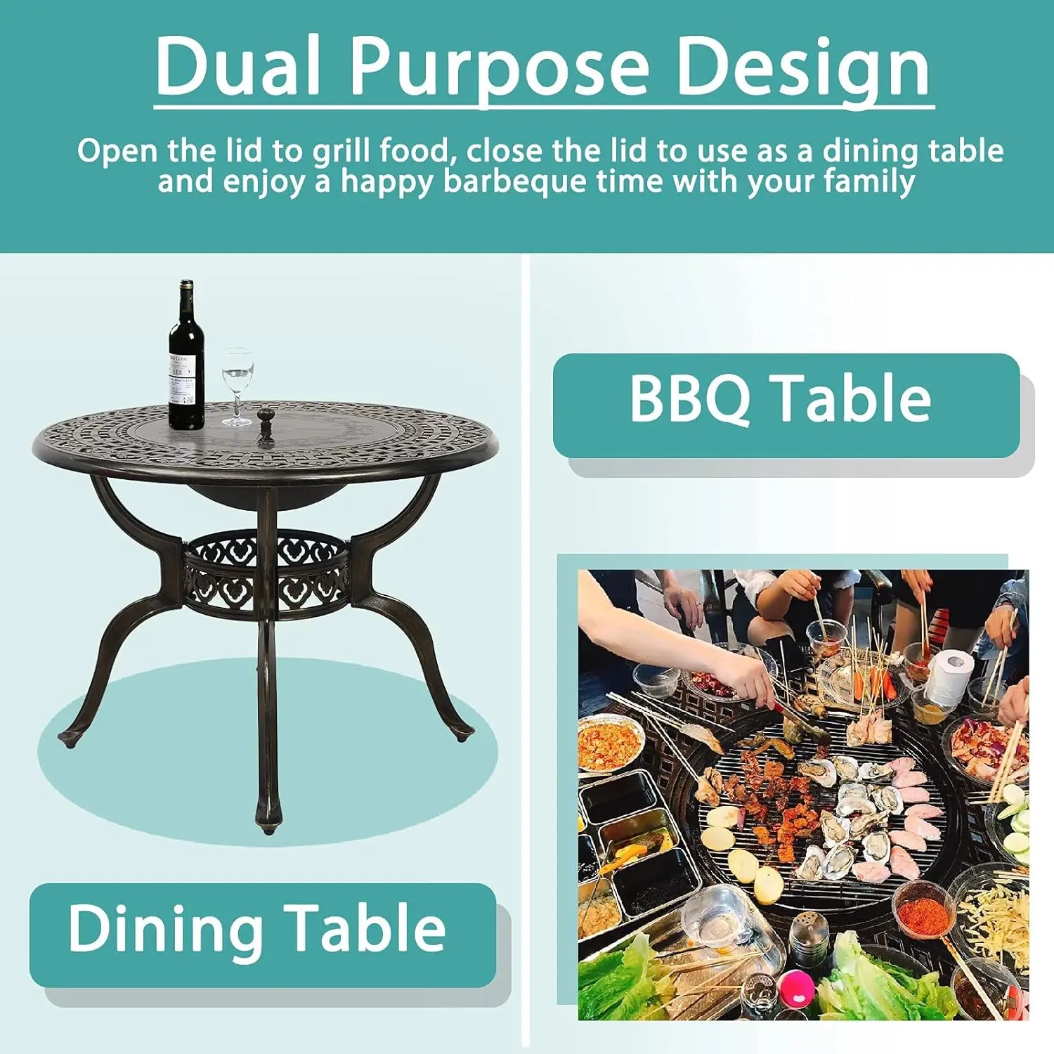 

40.3" Patio Fire Pit Dining Table Round Charcoal and Wood Burning, Outdoor All Weather Cast Aluminum Patio Furniture