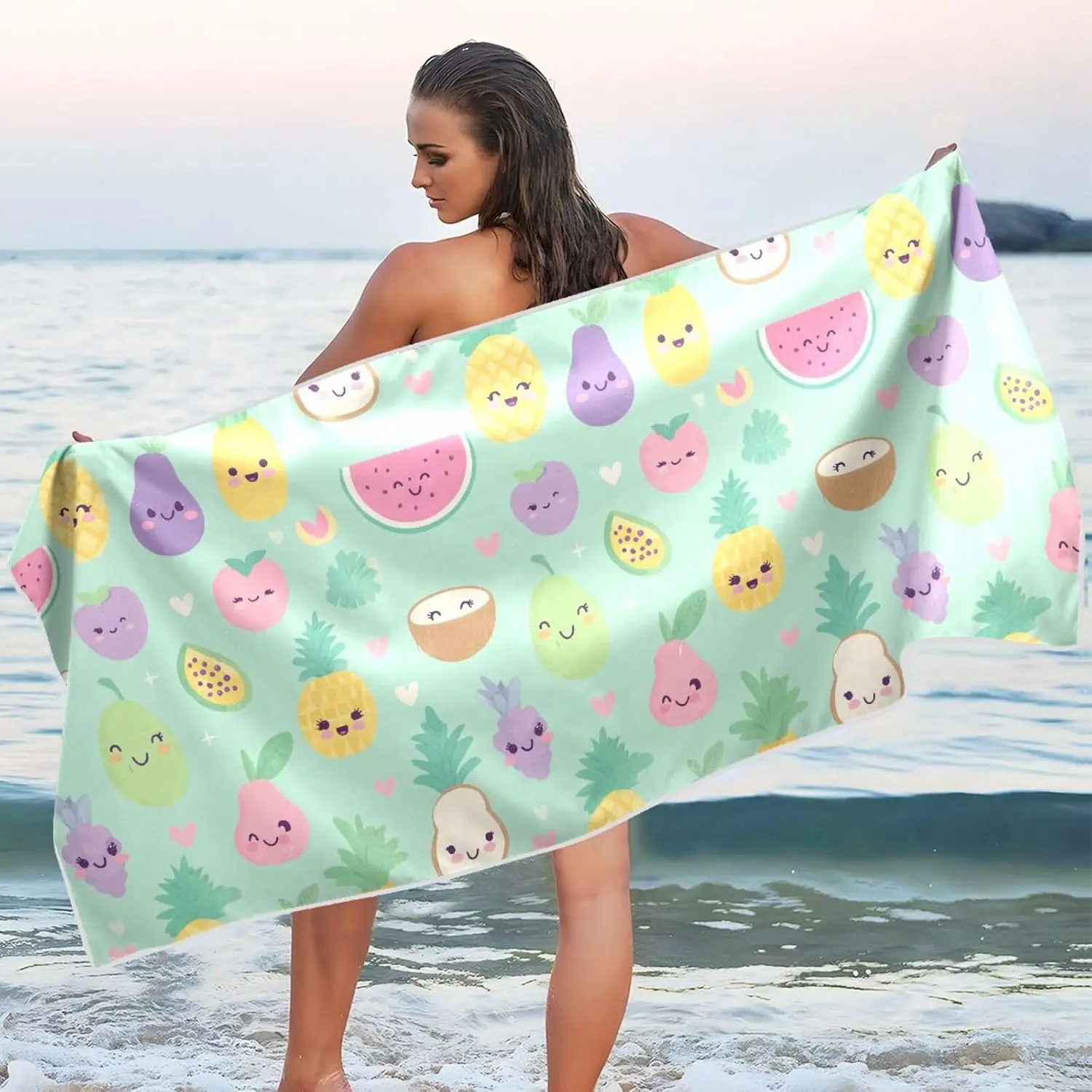 Kawaii-Style Smiling Tropical Fruit Beach Towel Large Thin Sand Free Quick Dry Towels Travel Swim Pool Yoga Gym Camping Adults