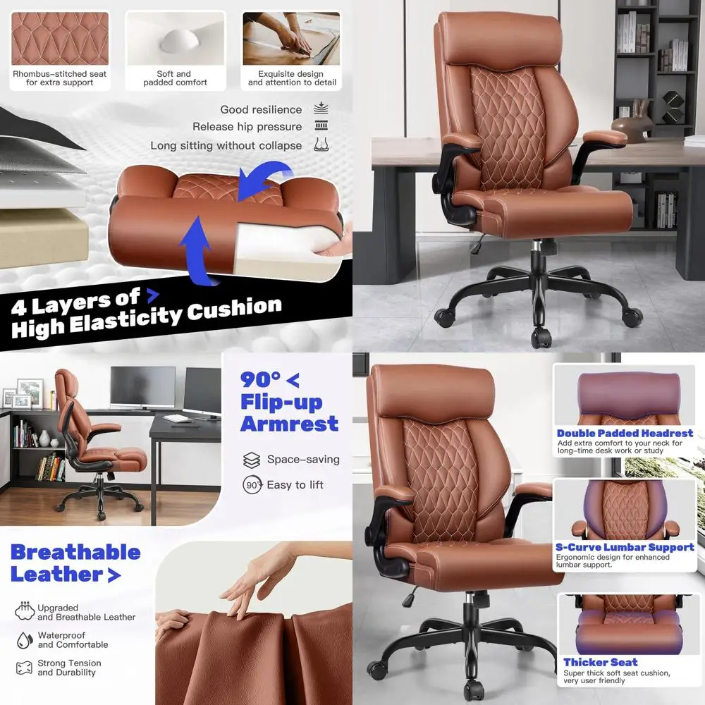 Ergonomic High-Back Office Chair with Rocking, Leather Upholstery, Adjustable Armrests, and Lumbar Support