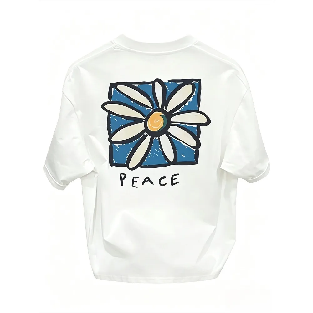 Daisy Peace Graffiti Print Men T Shirt Crew Neck Short Sleeve Casual Street Summer Loose Tee