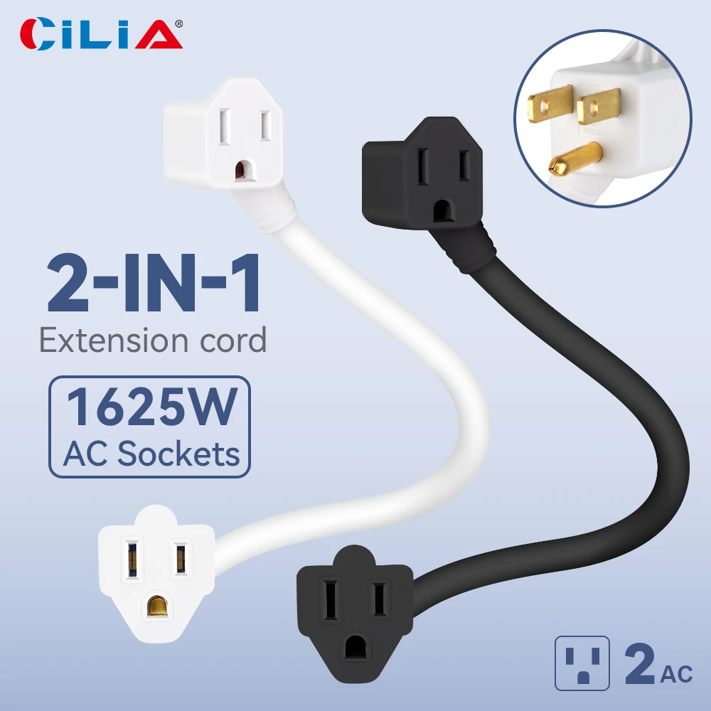2 US Plug，3 Prong, Extension Cord，12-inch，Cable With ,2 Outlets,Indoor Outlet Extender 1625W,15A,125V Adapted grounding,UL Rosh