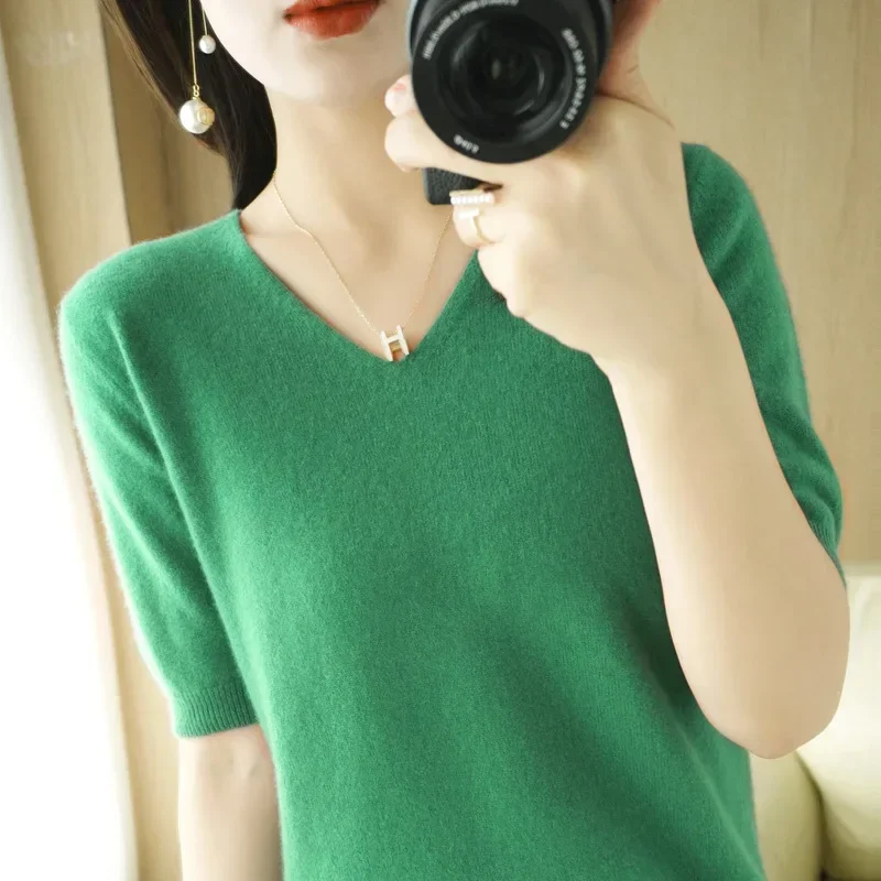 Women Sweaters Spring Summer Short Sleeve V-neck Thin Pullovers Solid Korean Fashion Bottoming Shirt Soft Knitwear Jumpers