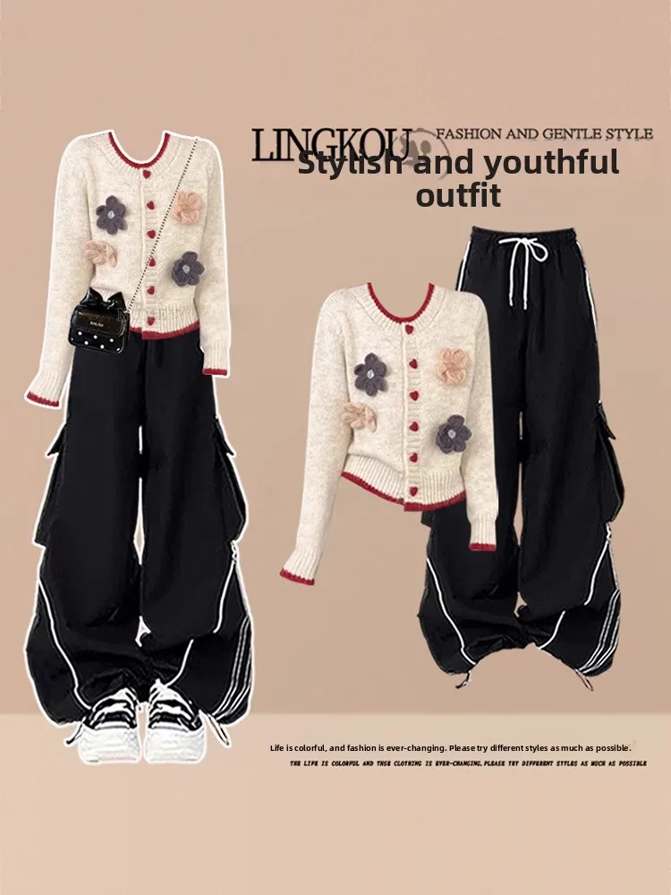 Korean Style plus Size Knitted Floral Casual Slim Fit Workwear Pants Two Piece Set Women's Fashion Autumn Collection