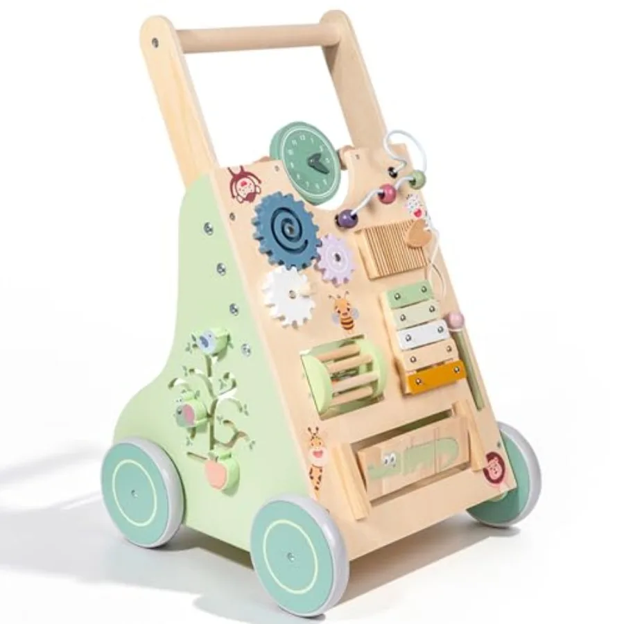 

Montessori wooden baby walker for 1+ year olds: natural wood natural color 10-in-1 activity center with xylophone shape sorter