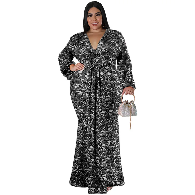 plus size women\'s long sleeved fishtail skirt hip print fashion dress long