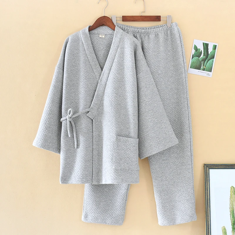 Men's Japanese Kimono Yukata Pajamas Set Air Layer Thickening Trousers Two-piece Suit Yukata Pijama Robe Suit Plus Size