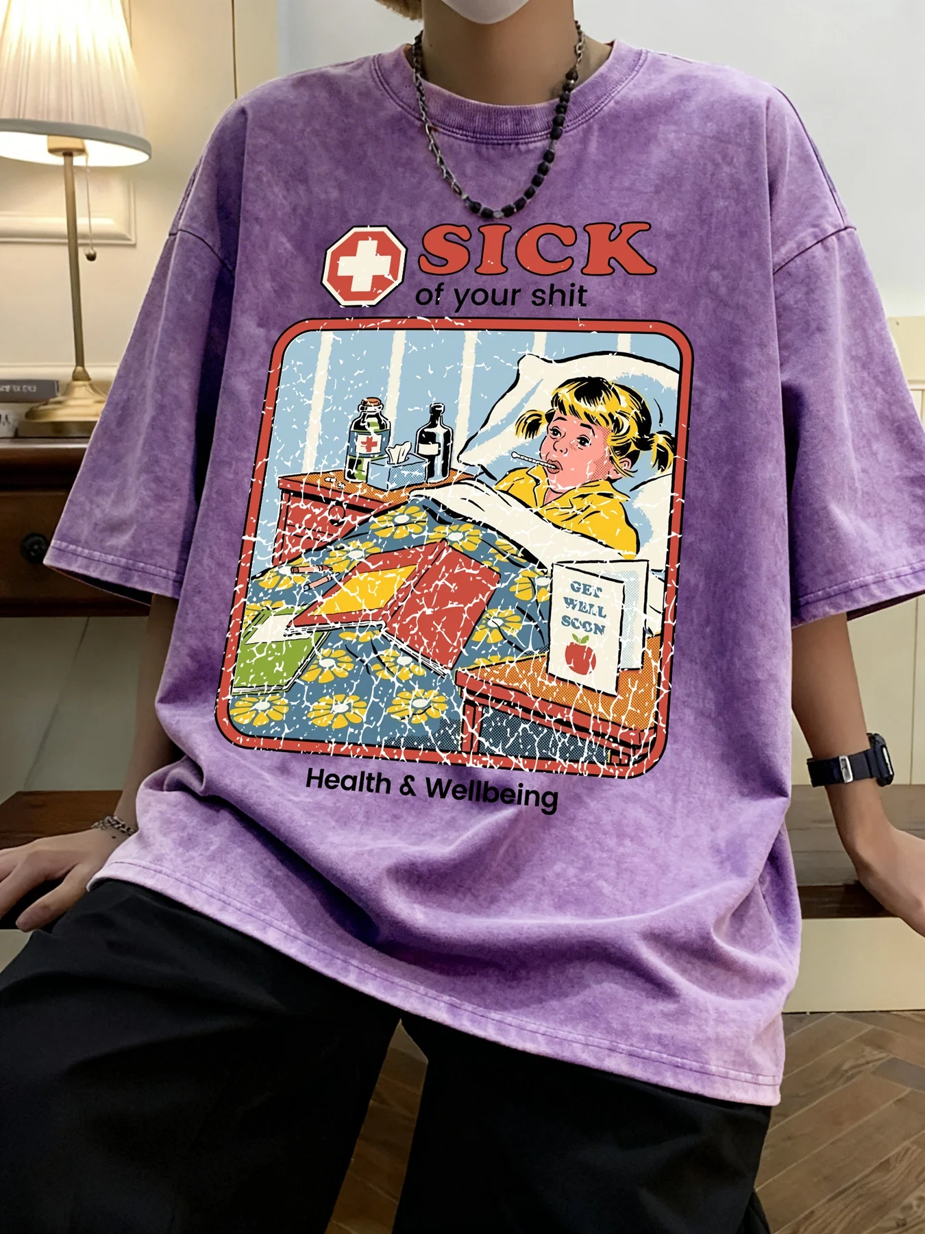 Bawełniana koszulka damska oversize z efektem sprania, vintage nadruk Sick Girl, oddychająca bluzka na wiosnę i lato, styl Y2K retro casual streetwear