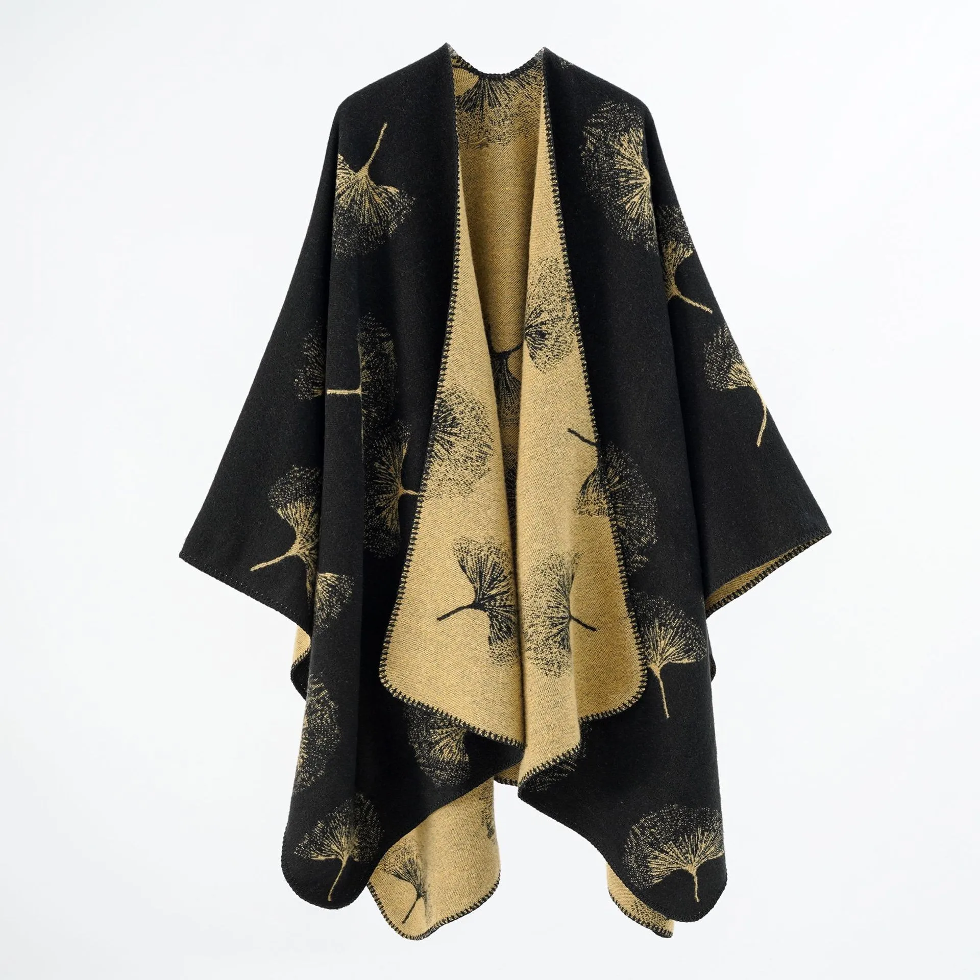Winter Women Ginkgo Leaf Printed Warm Shawl Cape Poncho Fashion Outer Casual Cold Resistant Long Stole Scarf for Daily Wear
