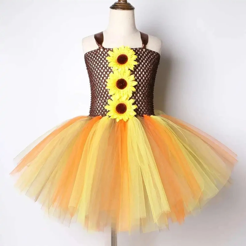 Autumn Sunflowers Tutu Dress for Girls Fall Woodland Fairy Halloween Costumes with Wings Outfit Kids Stage Performance Clothes - view 3
