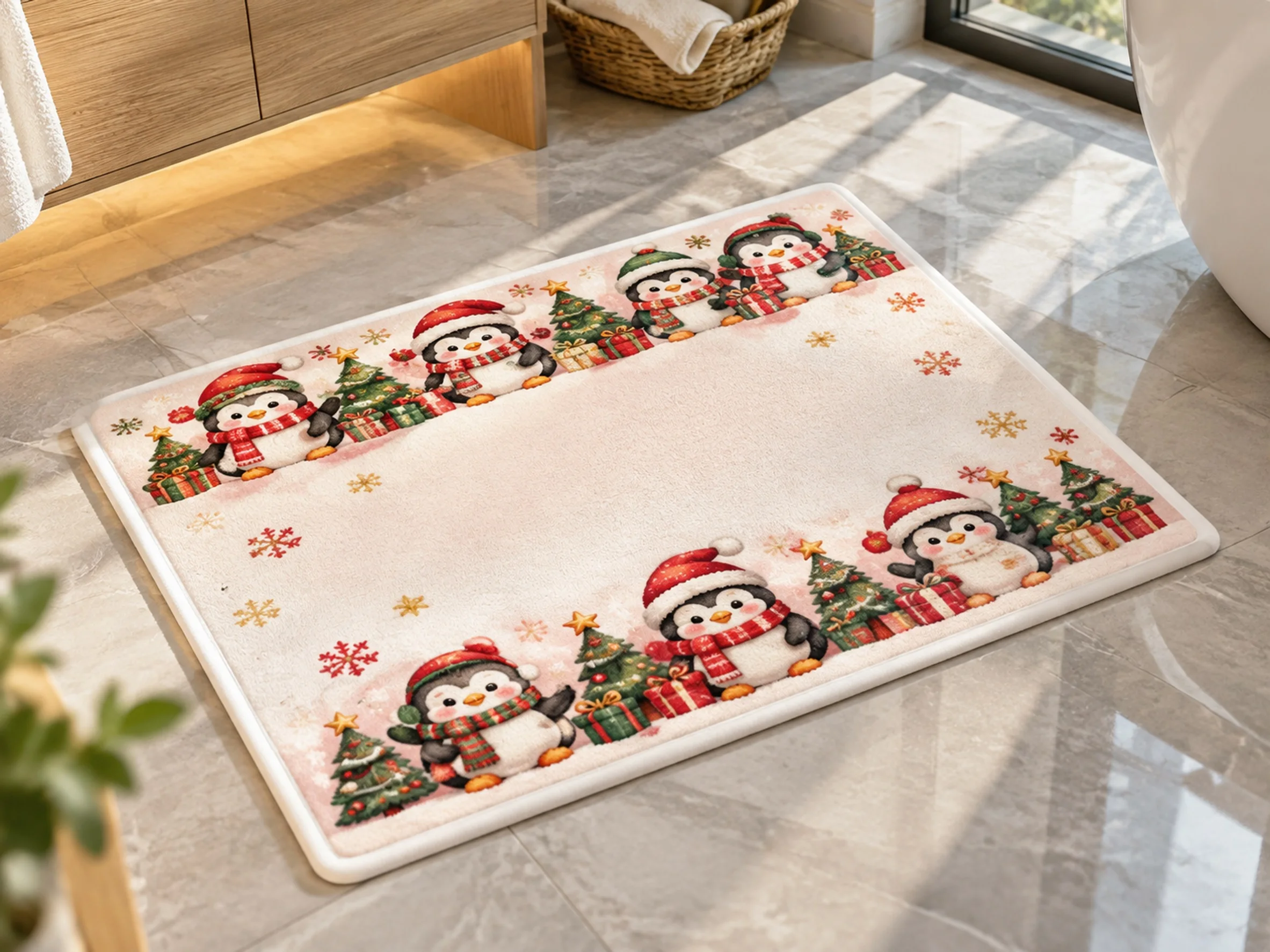 VIKAMA Christmas Pink Gold Penguin Flannel Door Mat, Anti-Slip Washable Xmas Rug, Xmas Decor for Bathroom, Hallway, Bedroom