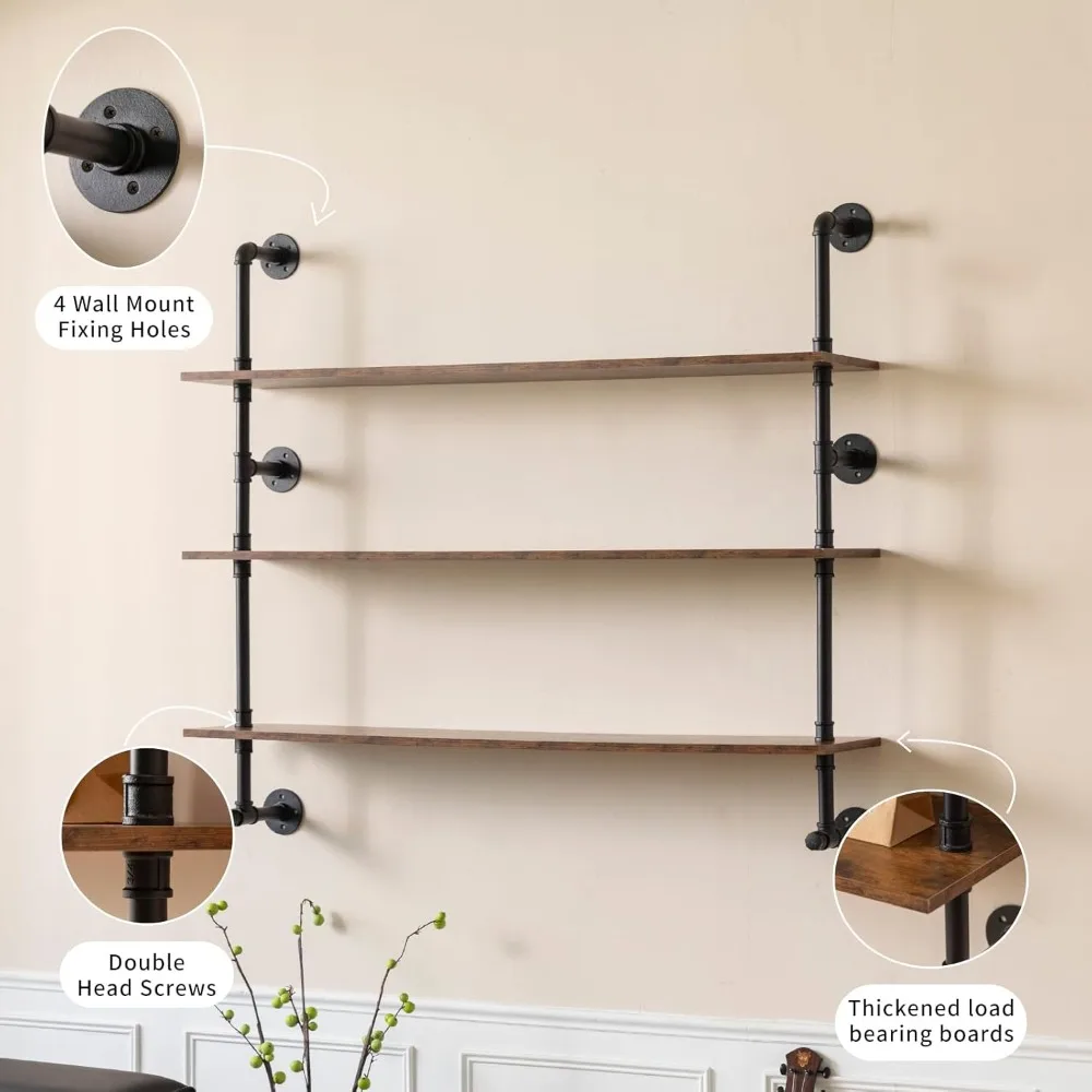 

Industrial Pipe Shelving 48inch Wall Mounted, Rustic Floating Shelves with Wood Shelf, 3 Tier Farmhouse - NEW