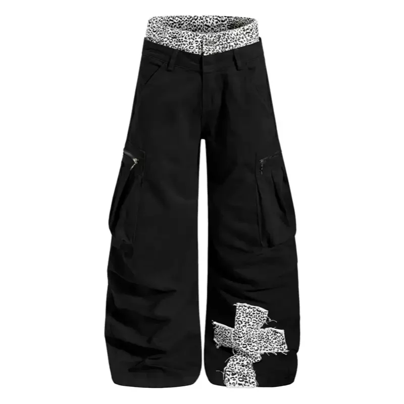 

American Style Retro Double Waist Splicing Knife Pants Unisex High Street Zipper Big Pocket Loose Wide Leg Cargo Pants