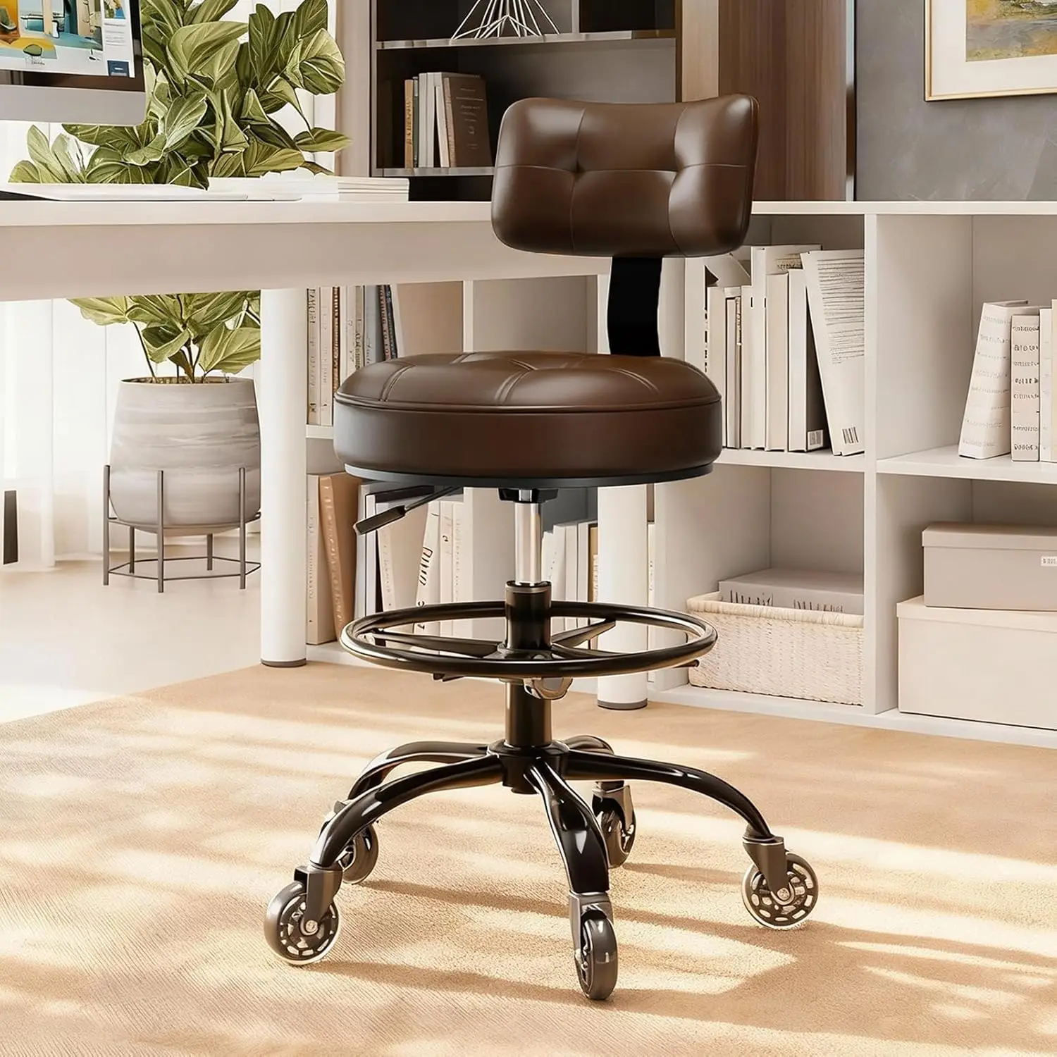 

Adjustable Drafting Chair with Footrest, Back Support & Wheels for Office, Home, Kitchen - Brown