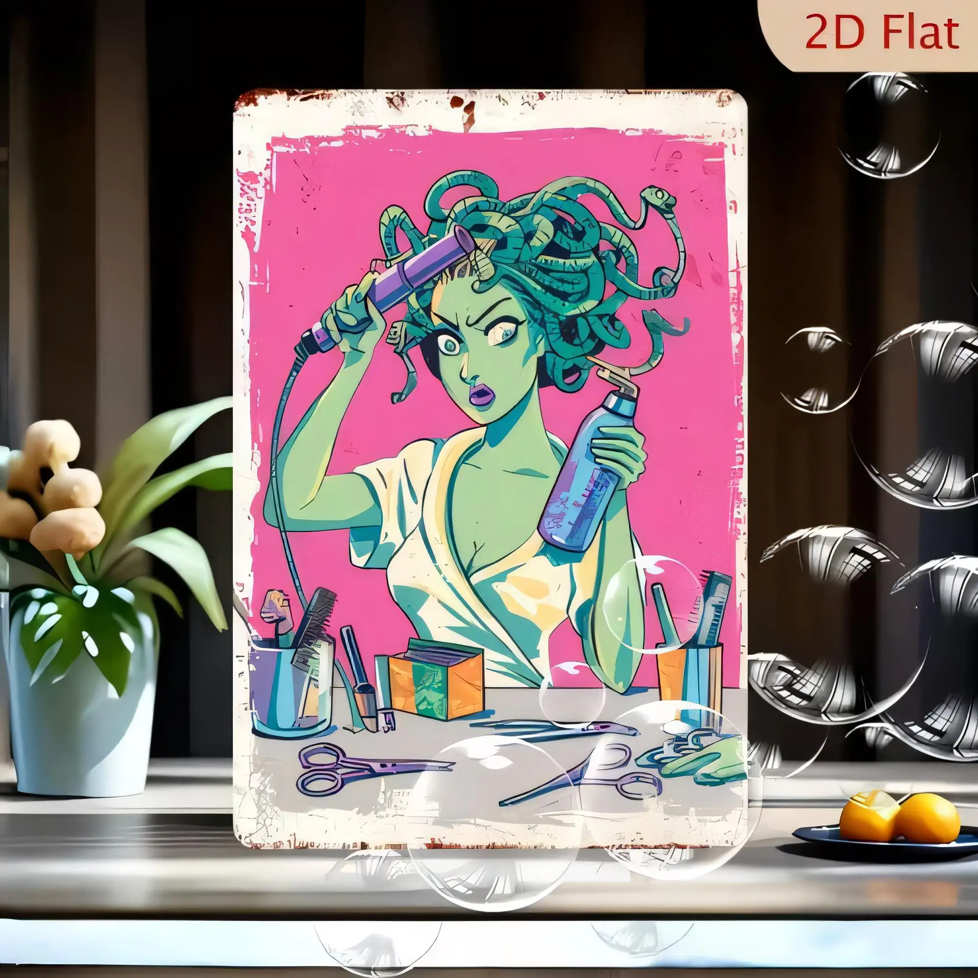 Tin Sign 2D Flat Retro Pop Art Beauty Lady With Hair Curlers Spray Bottle Makeup Vanity Wall Decor Plaque Vintage Metal Poster f