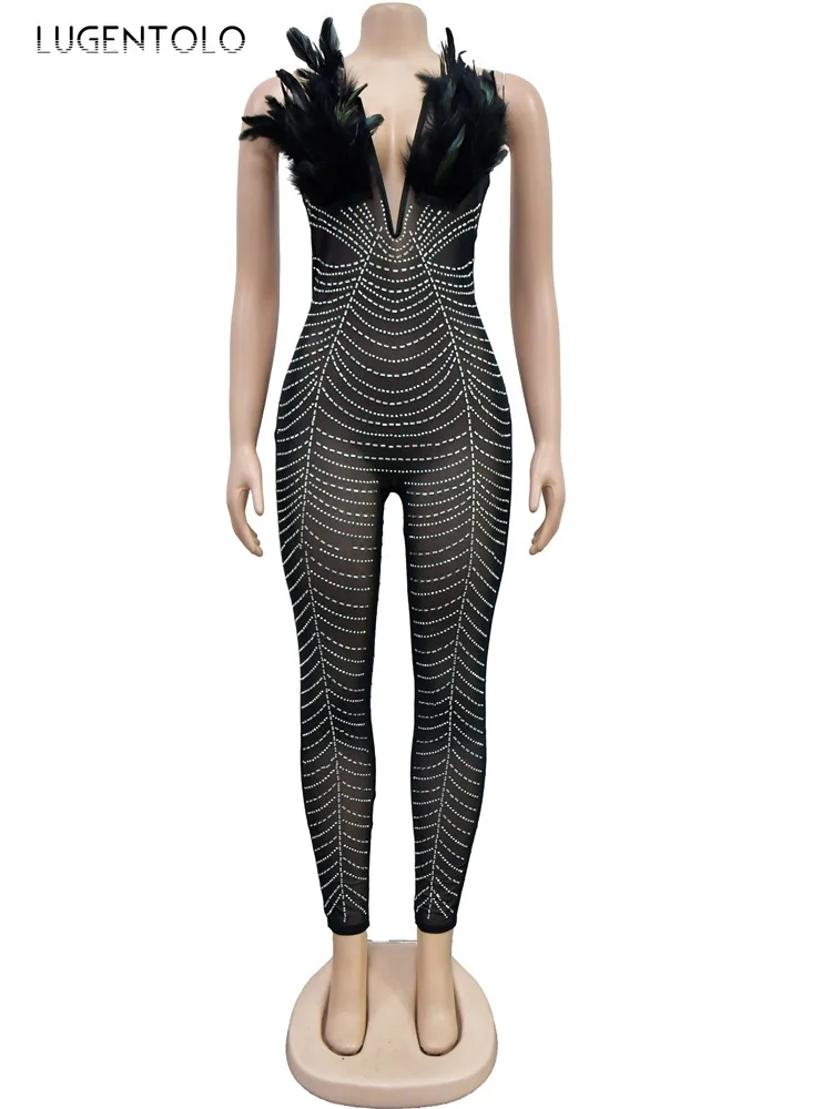 ผู้หญิงเซ็กซี่Jumpsuit Party Sparkle Offไหล่หน้าอกห่อSheerตาข่ายFeathersคริสตัลNight Jumpsuits Overallsชุดวันเกิด