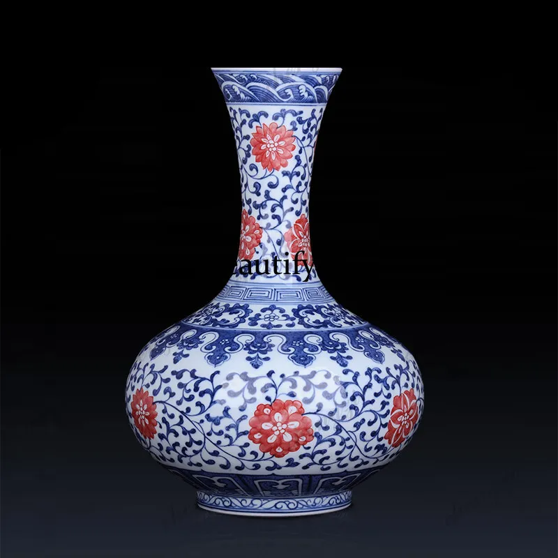 Jingdezhen ceramic blue and white porcelain hand-painted vase porcelain retro living room Chinese underglaze red antique