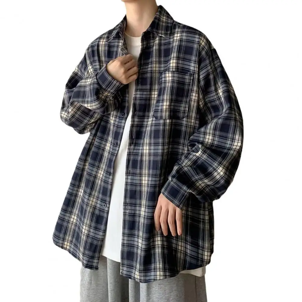 Men Plaid Shirt Coat Plaid Print Men\'s Shirt Coat with Lapel Single Breasted Pocket Casual Jacket for A Stylish Look Plaid Shirt