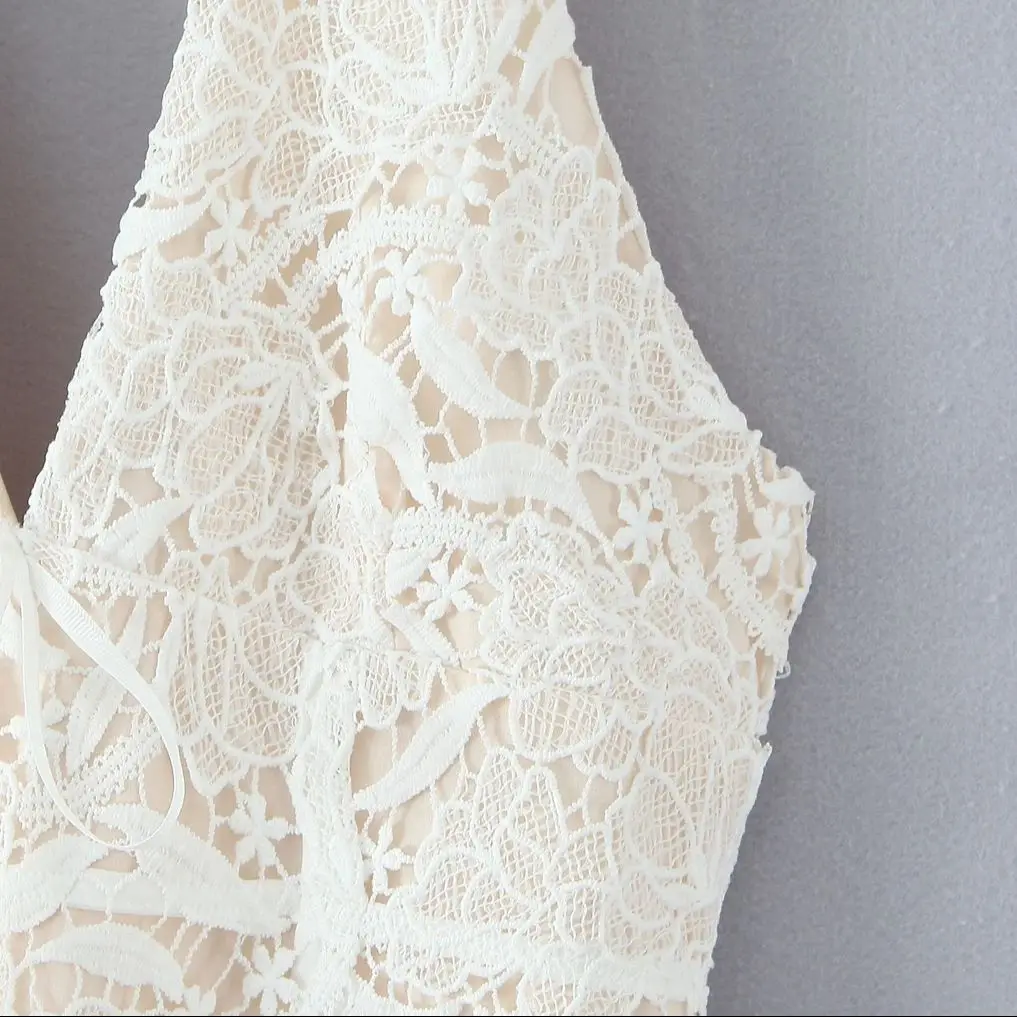 Sukienka damska 2025, seksowna, beżowa, haftowana, ażurowa, koronkowa, z dekoltem w serek, typu halter, dopasowana, z niskim stanem, marszczona, rozkloszowana, balowa, krótka, sukienka, szlafrok.