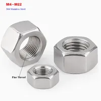 Fine Thread Hex Hexagon Nut 304 A2 Stainless Steel M4 M5 M6 M8 M10 M12 M14 M16 M18 M20 M22 Pitch 0.5/0.75/1/1.25/1.5/2mm