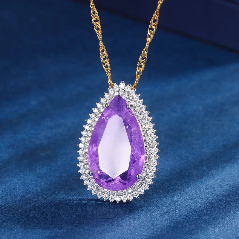 

Retro Luxurious Purple High Carbon Diamond Water Droplet Pendant Aesthetic Necklaces Ripple Chain Fashion Women's Jewelry Gift