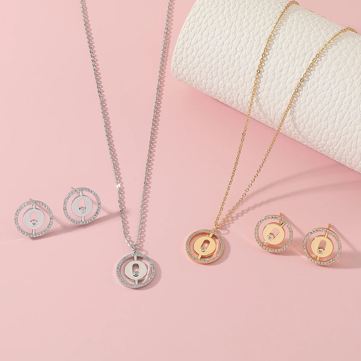 Frauen Mode Trendy Zirkon Anhänger Halskette Ohrring Set Runde Design Hochzeit Schmuck Set ​ Zubehör