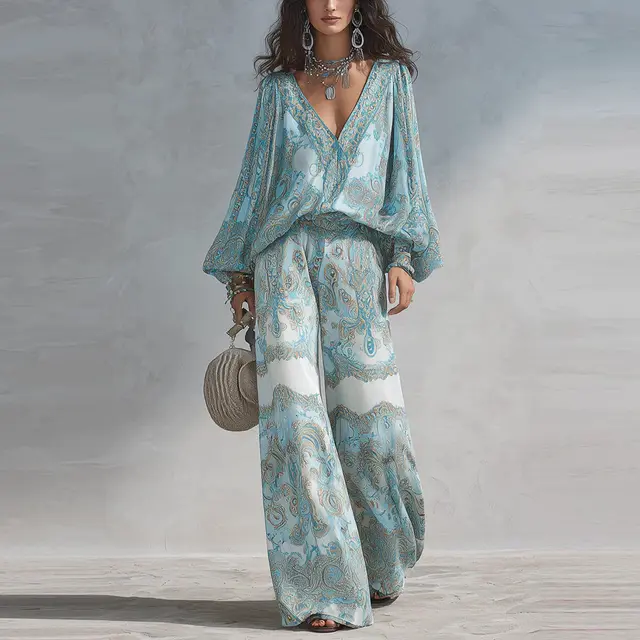 Conjunto de Dos Piezas con Estampado Paisley Bohemio para Mujer, Blusa Sexy con Cuello en V Profundo y Manga Larga, Pantalones Anchos, Traje Casual Holgado para Vacaciones