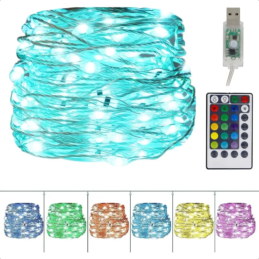 

USB Fairy String Lights 33Ft 100 LED Waterproof 16 Colors Changing Sliver Wire Lights with 4 Lighting Modes Remote Control for