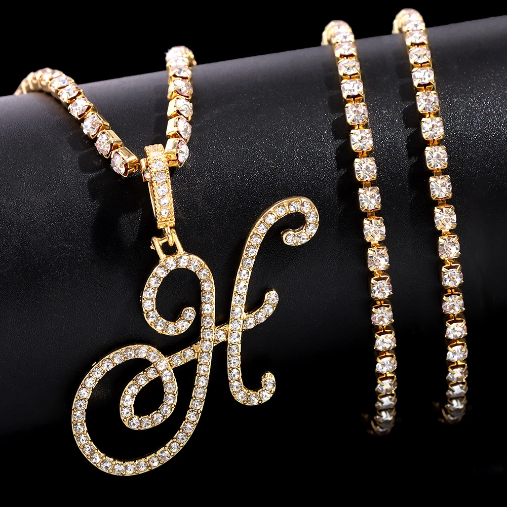 Flatfoosie Mode A-Z Cursive Brief Kristall Kette Halskette Für Frauen Bling Iced Out Initial Anhänger Halskette Hip Hop Schmuck – Detail 11