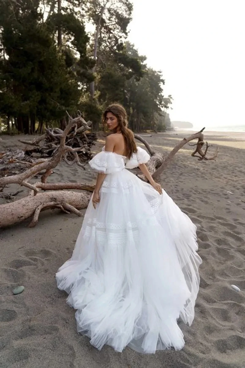 Gaun pernikahan pantai Boho gaun Puff bahu terbuka jubah Backless gaun pengantin A-Line 2024 gaun sederhana Vestidos De Novia indah