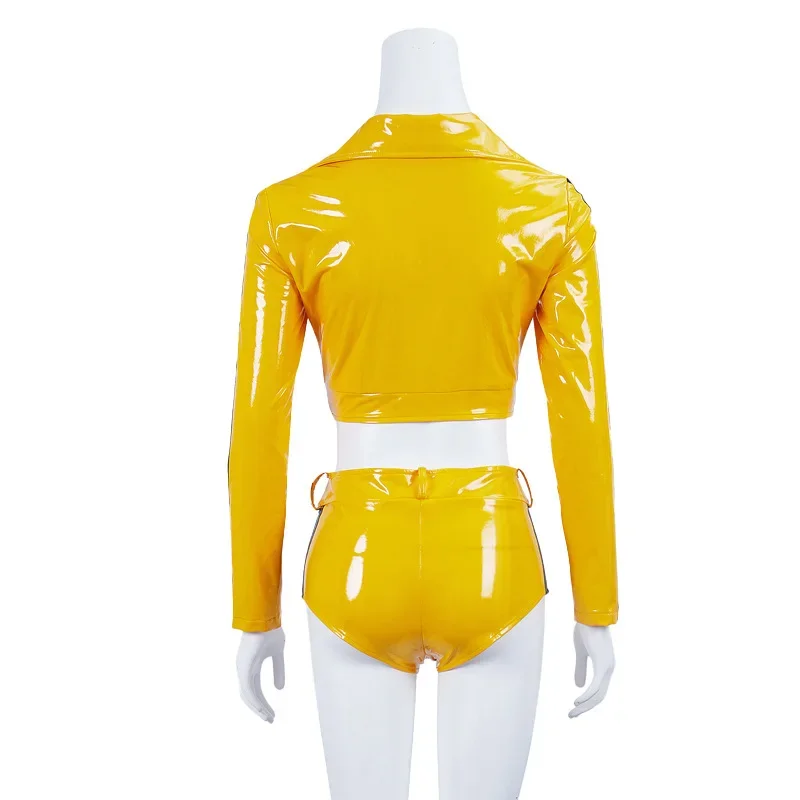 Disfraz sexy amarillo de Kill Bill para mujer, top corto de la novia, traje de beaitx kiddo, chaqueta de cuero expuesto con ombligo ajustado, cosplay de película