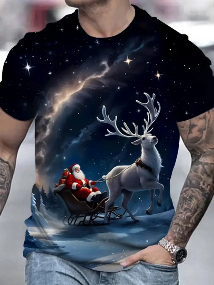 Men's Chriatmas Short Sleeve T-Shirt Funny Santa Clause Graphic O-Neck Pullover Tees Fashion Loose Casual Festival Party Clothes