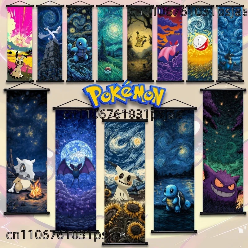 

Gengar Squirtle Mimikyu Pokémon Starry Night Scroll Wall Art - White Canvas/Art Cloth Home Decor Gift