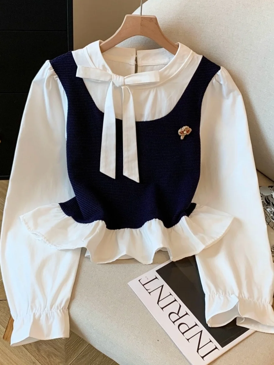 

Women's Long Sve Knitted Patchwork Belted irt ort Sle Autumn New Arrival Self-kept Version Embroidery Korean Sle