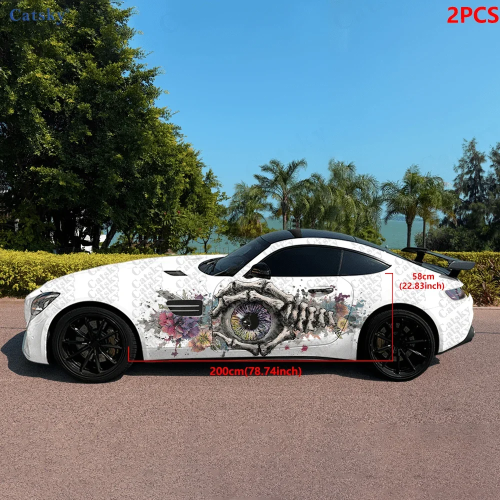 2pcs Skeleton hand with beautiful eyeball, floral splatter sticker, suitable for cars and trucks, durable, fade-resistant, easy
