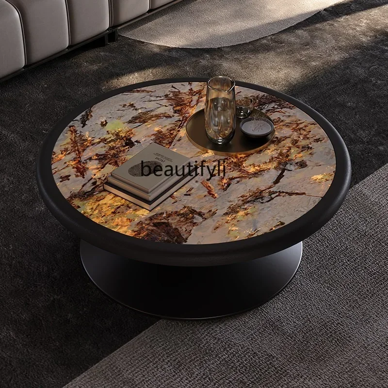 

New Solid wood round photoelectric luminous luxury stone high-end coffee table modern simple living room coffee table