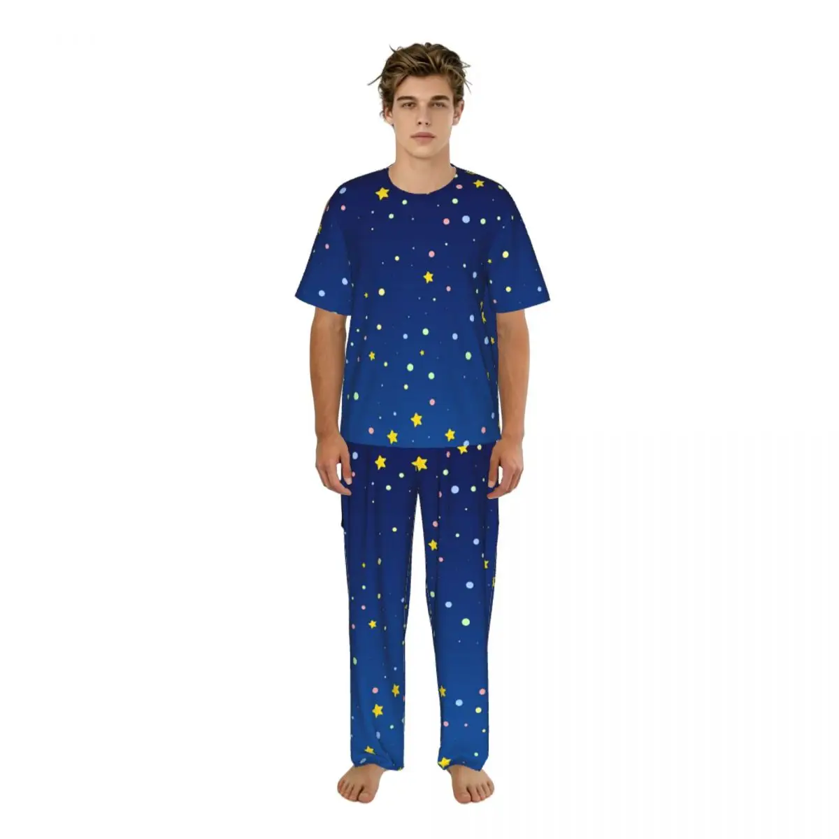 

Мужской пижамный костюм с короткими рукавами и длинными брюками, одежда для сна с яркими звездами, летний комплект домашней одежды