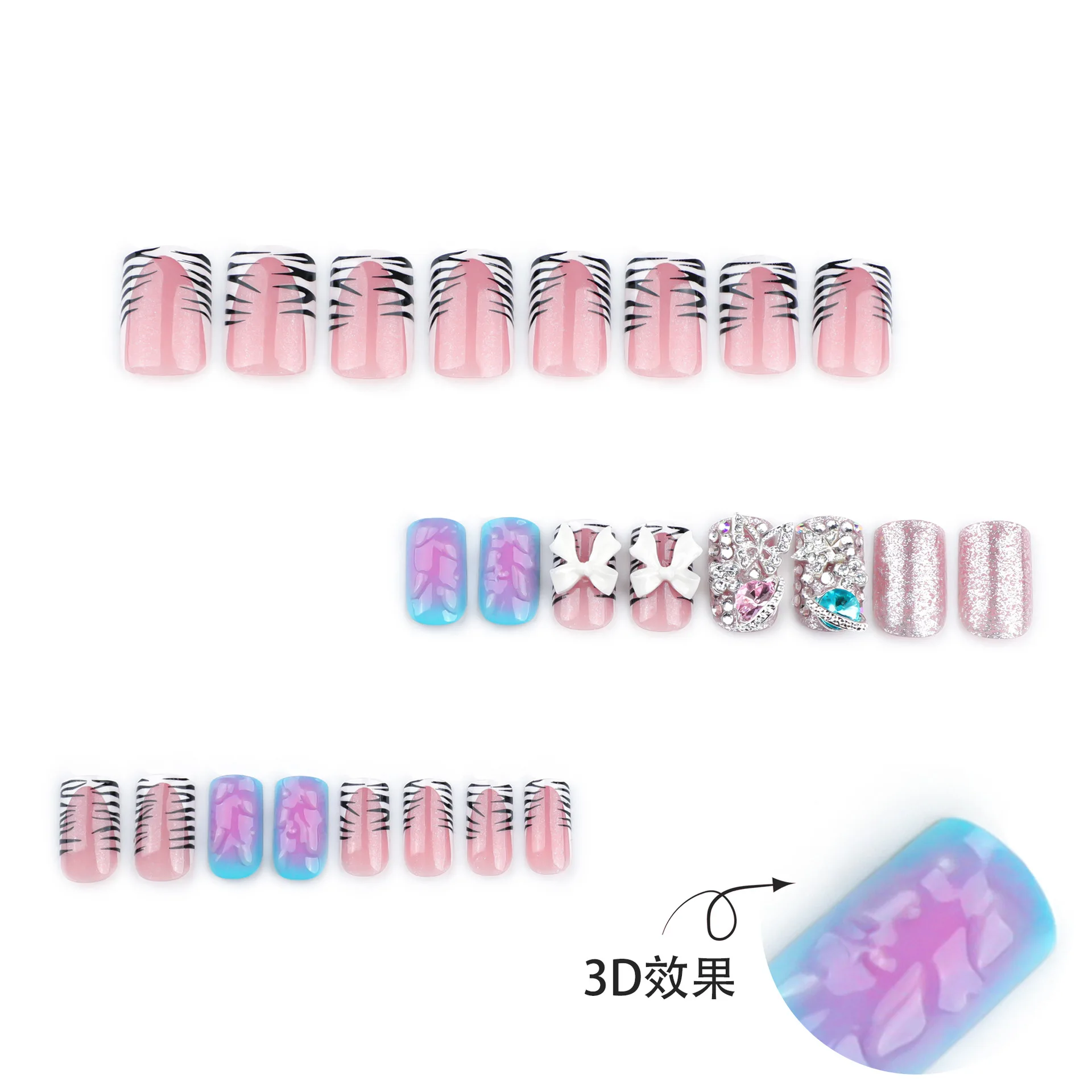 24pcs Y2k Sweet Cool Press On Nails French Style Zebra-print Designs False Nails Shiny Rhinestone Bowknots Decor Blush Fake Nail