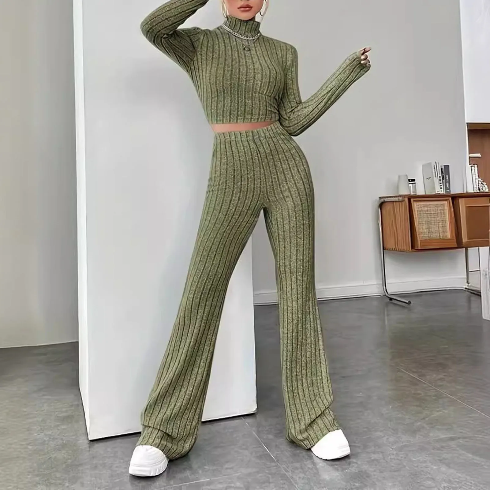 Women Fashion Solid Color Streetwear Autumn Winter Elegant Round Neck Tops Loose Pants Suit Casual Holiday Sport Two Piece Sets