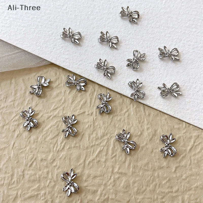 20 pezzi in lega d'argento con fiocco per unghie, nastro di lusso, ali di farfalla, metallo, nail art, strass, decorazione, accessori per manicure