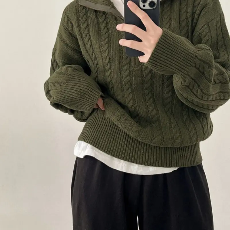

Autumn and Winter Thick Knitted Top Women's Vintage Fried Dough Twists Half Zipper Versatile Short Sweater Coat