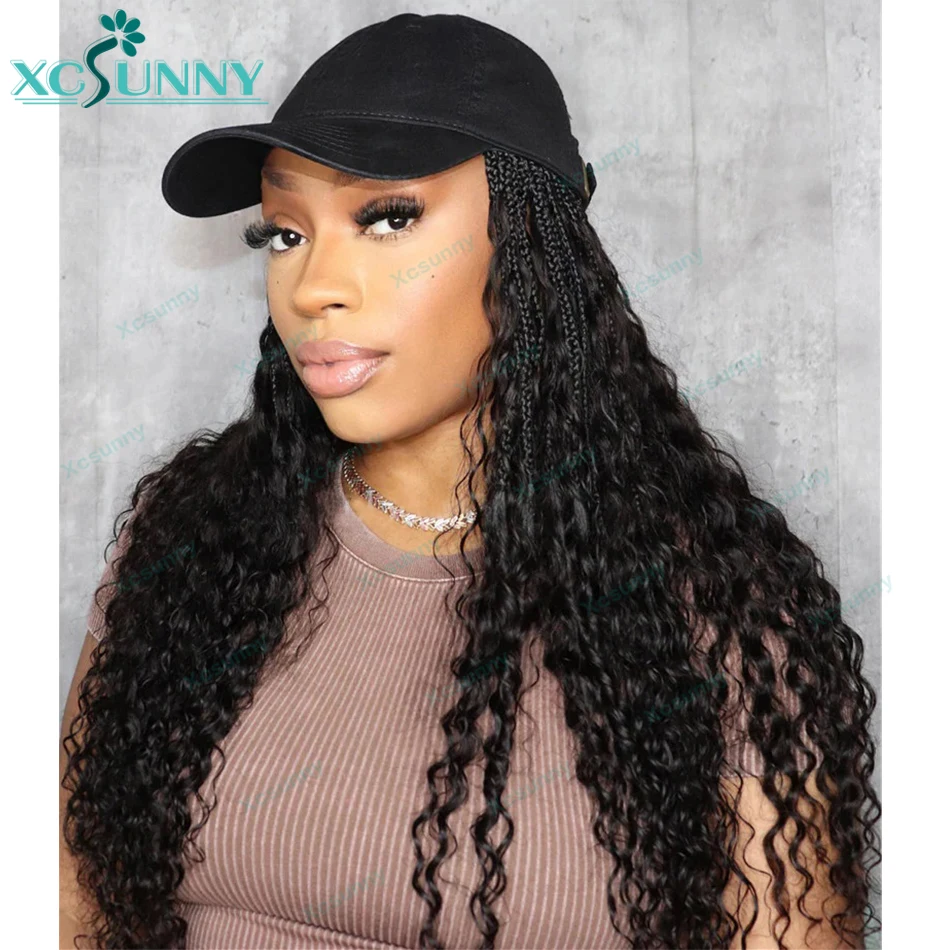 z kręconymi włosami Boho Box Braids Baseball Cap Hat Wig Bohemian with Human Hair Curly Ends Braided Hair Extensions Cap Wig Braid